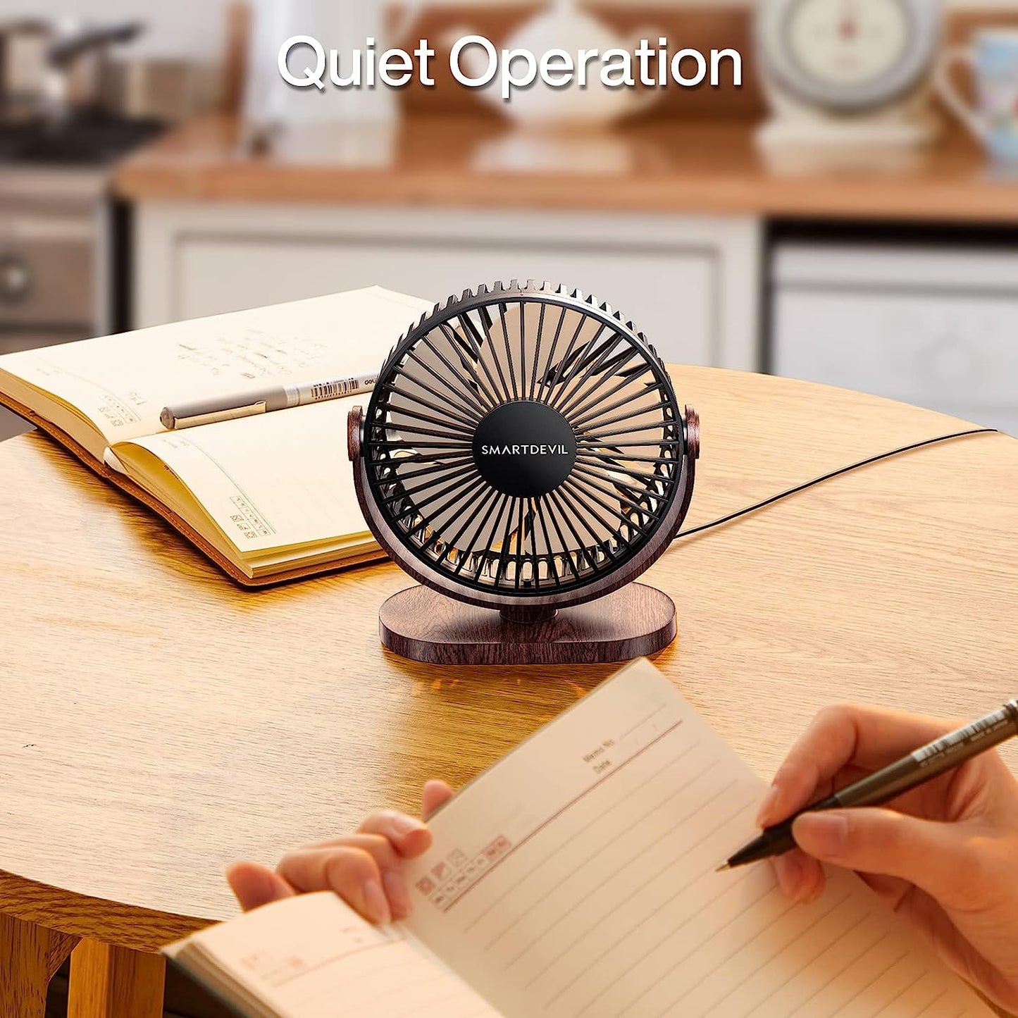 SmartDevil USB Small Desk Fan, 3 Speeds Portable Desktop Table Fan, 90° Adjustment Personal Mini Fan, Quiet Operation, for Home Office Car Outdoor Travel (Black Wood Grain)