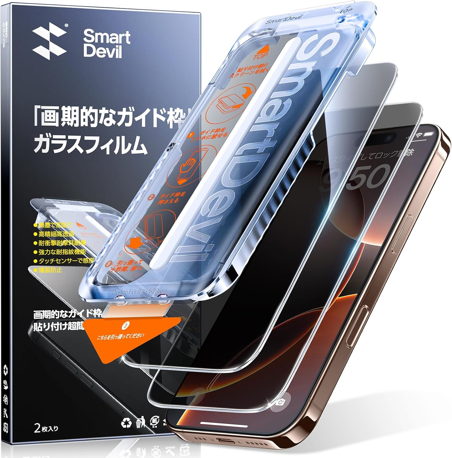 【覗き見防止】SmartDevil ガラスフィルム 2枚セット 超簡単貼り付け 自動除塵 プライバシー のぞき見防止 米軍MIL規格 落下保護 滑らかな手触り 指紋防止  横から見えない強化ガラス