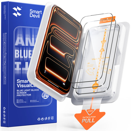 Blue Light Filter, VisualCare Screen Protector | iPhone 16-17 Series | SmartPull Box Install (3 Pack)