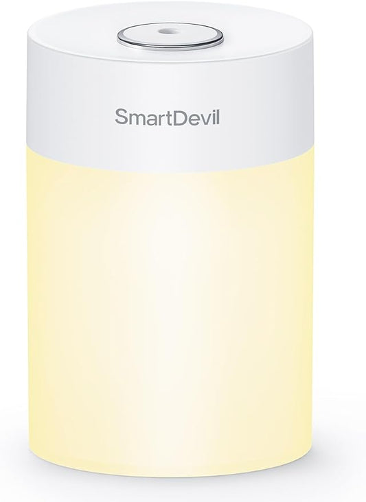 SmartDevil Kleiner Luftbefeuchter, 600 ml, tragbarer Mini-Luftbefeuchter, USB-Luftbefeuchter für den persönlichen Schreibtisch, für Schlafzimmer, Pflanzen, Büro, Reisen, Nachttisch mit Nachtlicht, automatische Abschaltung, superleise, Weiß