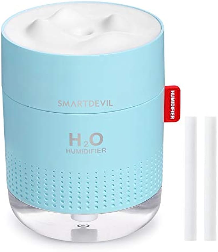 SmartDevil Umidificatore,Mini Umidificatore a Ultrasuoni,Auto spegnimento Senza Acqua e 2 modalità nebulizzazione Regolabile, Super silenzioso,Olio essenziale proibito,No batteria,2 Filtri, 500 ml