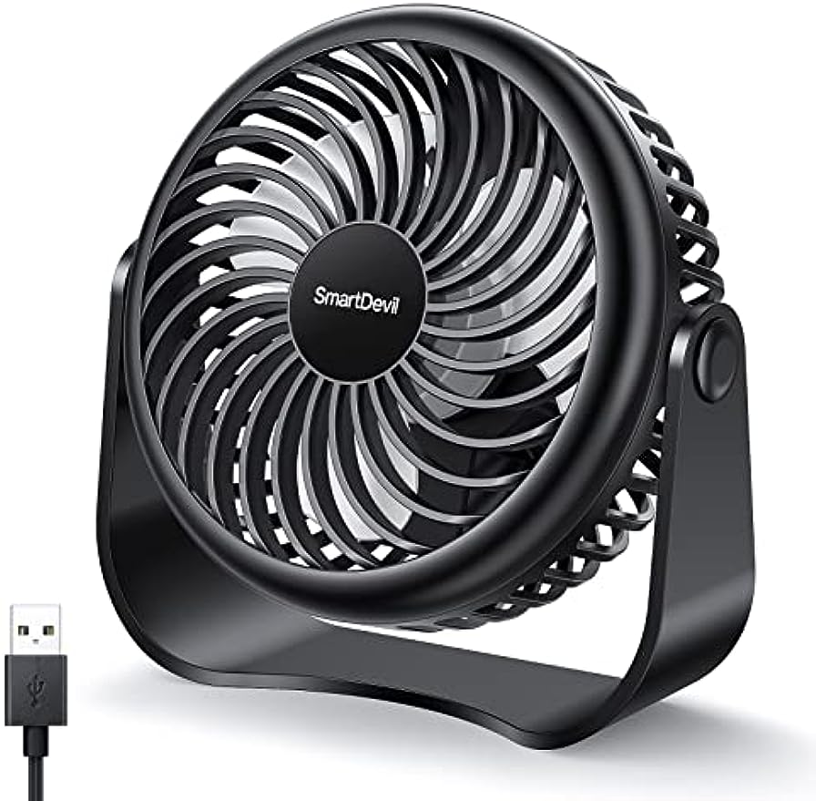 SMARTDEVIL Ventilador USB, Mini Ventilador USB Silencioso con Gancho, 3 Velocidades,Personal Portátil Ventilador PC, para Oficina/Hogar/Viajar/Acampar/Cocina, Alimentado por USB (Negro)