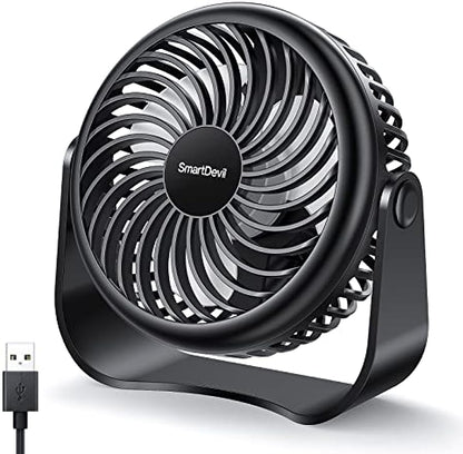 SMARTDEVIL USB-Ventilator, geräuschloser Mini-USB-Ventilator mit Gancho, 3 Geschwindigkeiten, persönlicher tragbarer PC-Ventilator, für Büro/Haus/Wohnzimmer/Wohnzimmer/Küche, USB-Zufuhr (schwarz)