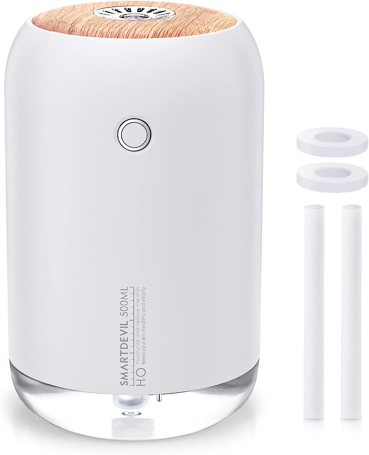 SmartDevil Mini humidificador portátil, humidificador de escritorio pequeño de 500 ml, humidificador de escritorio personal USB para dormitorio, oficina, viajes, plantas, apagado automático, 2 modos de niebla, súper silencioso, blanco