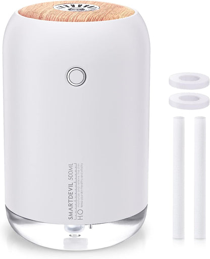 SmartDevil Mini humidificador portátil, humidificador de escritorio pequeño de 500 ml, humidificador de escritorio personal USB para dormitorio, oficina, viajes, plantas, apagado automático, 2 modos de niebla, súper silencioso, blanco