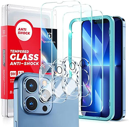 SMARTDEVIL Protector de Pantalla para iPhone 13 Pro 6,1 Pulgadas, 3 Piezas Cristal Templado y 2 Piezas Protector de Lente de Cámara, Vidrio Templado Ultra Resistente y Transparente