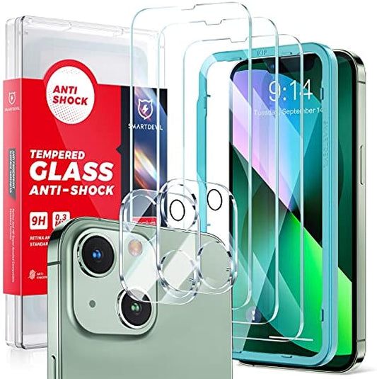 SmartDevil Schutzglas für iPhone 13 6.1 Zoll, 3 Stück Schutzfolie und 2 Stück Film für die Kamera, Film für den Display-Schutz, HD-Film, Blindfilm ohne Bolle