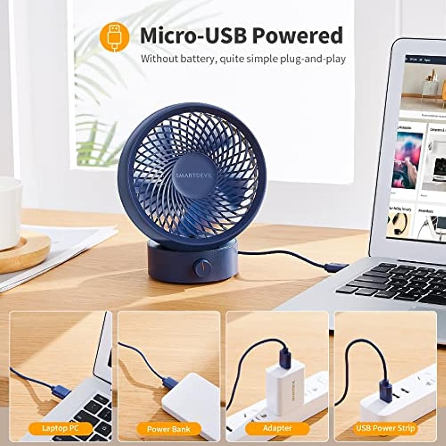 SmartDevil Mesa-Ventilator, geräuschloser USB-Ventilator, tragbarer Mini-USB-Schreibtischventilator, variable Geschwindigkeit von 180° und 20°-Drehwinkel, geeignet für das Haus, Büro-Azul