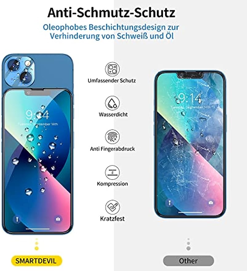 SMARTDEVIL [3 + 3 Folien mit gehärtetem Glas für das iPhone 13, mit Unterstützung für die Installation des Telefons, 3 Folien mit Glas für den Kameraschutz, Anti-Graffiti, 9H-Dauerhaftigkeit