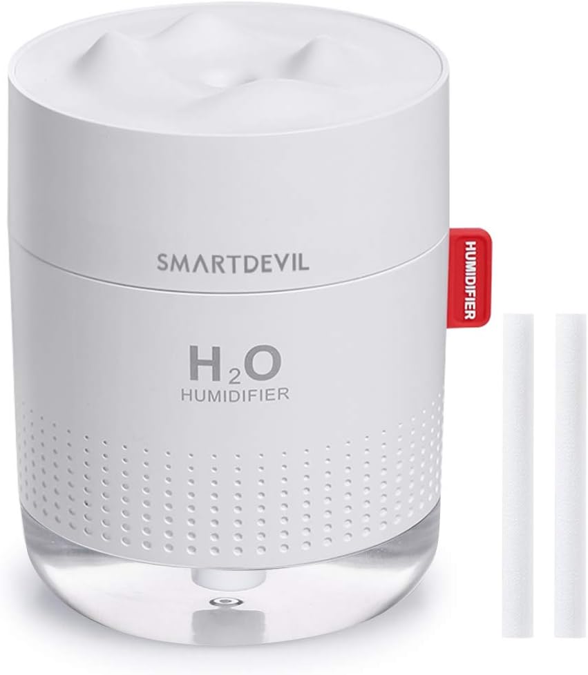 SmartDevil-Befeuchter, Mini-Ultraschall-Befeuchter, automatische Wasserspülung und 2 einstellbare Nebelmodi, extrem leise, ätherisches Öl, keine Batterien, 2 Filter, 500 ml