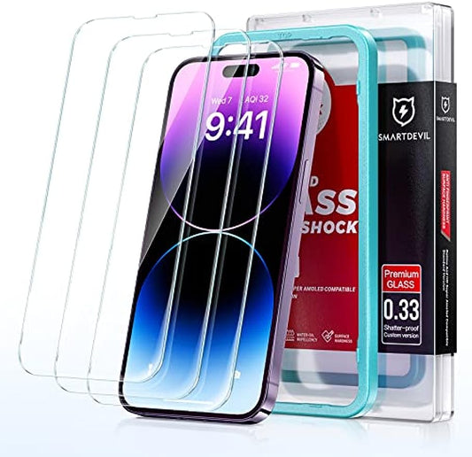 SmartDevil 3-teiliger Displayschutz für das iPhone 14 Pro MAX 6,7 Zoll, transparentes Templado mit Montagekit, Anti-Templado-Glas, 9H-Dauerhaftigkeit, extrem abriebfest und transparent