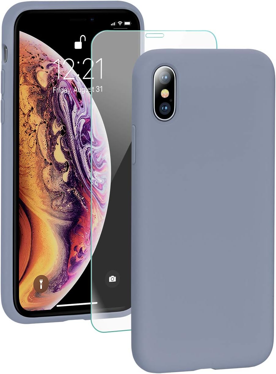 SMARTDEVIL Coque pour iPhone X/XS, Silicone Liquide Housse avec Ecran Verre Trempé Gratuit Case Anti-Choc Anti-Rayures Protection Complète Cover Étui de iPhone X/XS