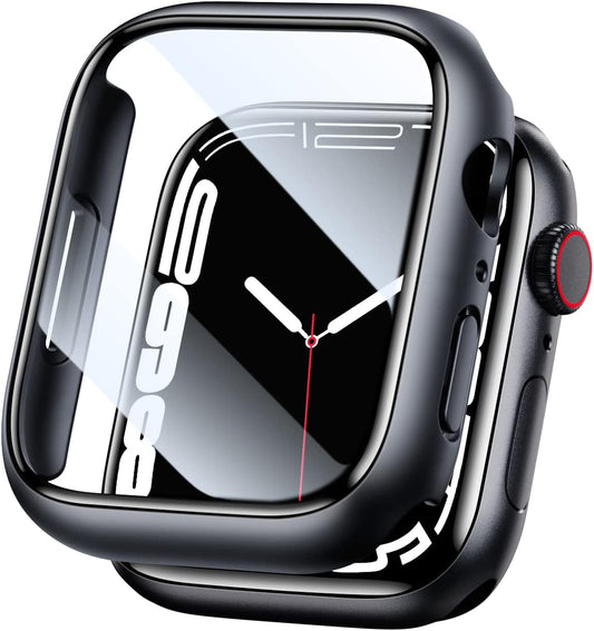 【2er Pack】SMARTDEVIL Hülle kompatibel mit Apple Watch Series 8 / Series 7-41 mm, integrierter dünner HD-Displayschutz aus gehärtetem Glas, insgesamt schützende Hart-PC-Hülle, ultradünne Abdeckung für iwatch 8/7 – Schwarz