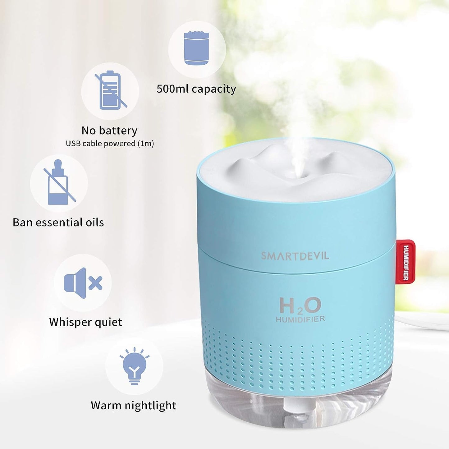 SMARTDEVIL USB Luftbefeuchter 500ml, Mini Air Humidifier Ultra Leise luftbefeuchter, Automatische Abschaltung Tragbarer Luftbefeuchter, Keine Batterie, Ätherisches Öl verboten, 2 Filter