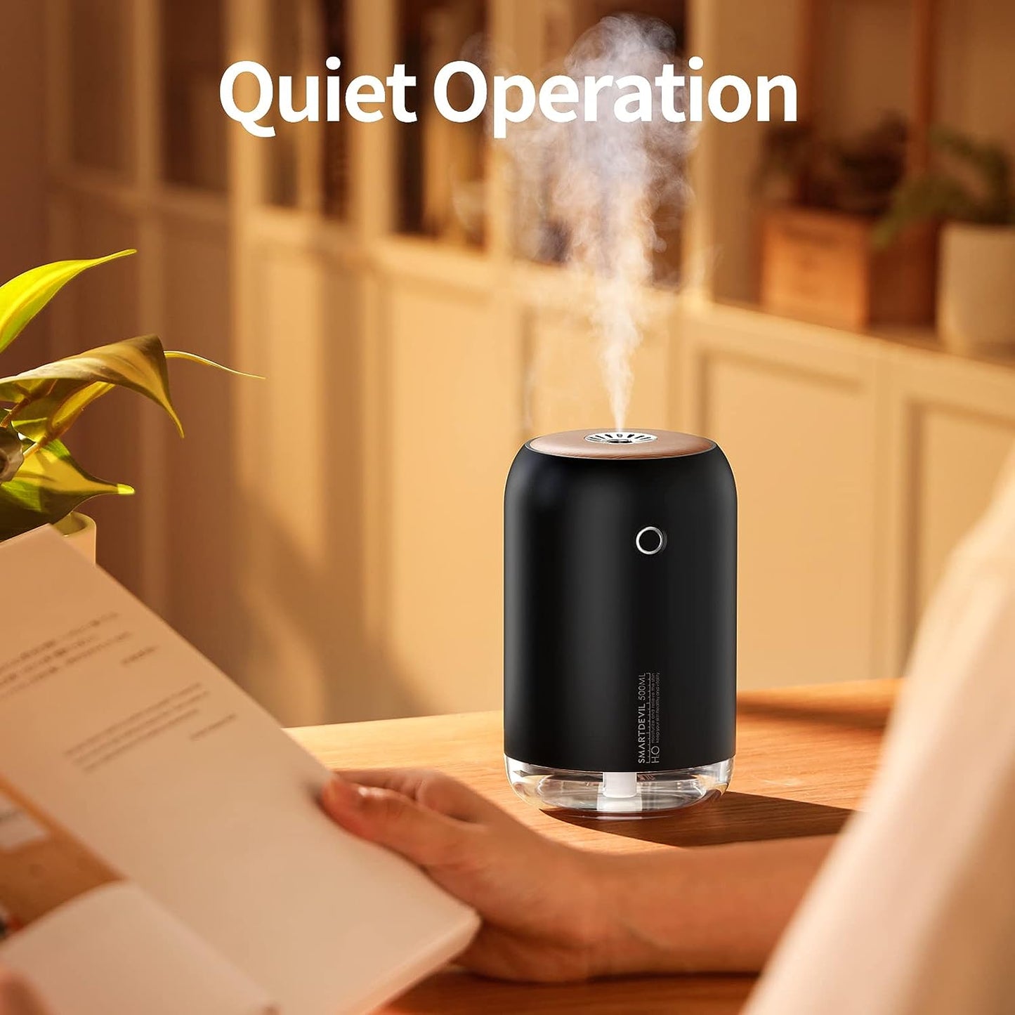 SmartDevil Small Air Humidifier, 500ml Portable Desk Humidifier, USB Personal Humidifier for Bedroom, Office, Plant, Travel with Night Light, Auto Shut-Off, 2 Mist Modes, Super Quiet, Black Wood Grain