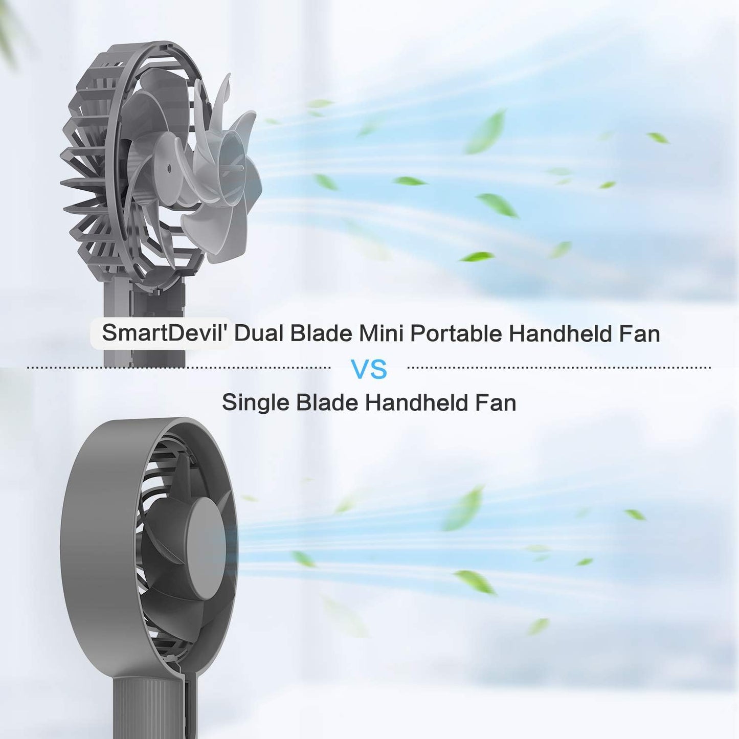 SmartDevil Mini Handheld Fan, Dual-Bladed Handheld Fan, Small Personal Portable Fan with 4000mAh Rechargeable Battery Operated, Powerful Wind,3 Speed Adjustable,Lanyard Fan for Outdoor & Home (Grey)