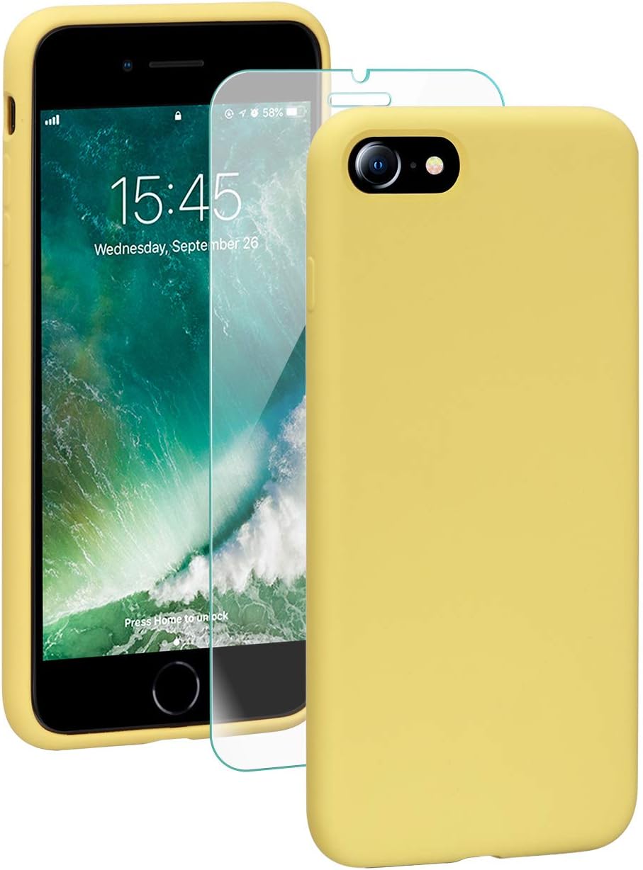 SmartDevil Funda Adecuada para iPhone SE 2020/8/7 +Protector de Pantalla, [Totalmente Protectora] Funda de Gel de Silicona líquida Funda,Microfibra Suave Cojín para iPhone SE 2020/8/7-Amarillo