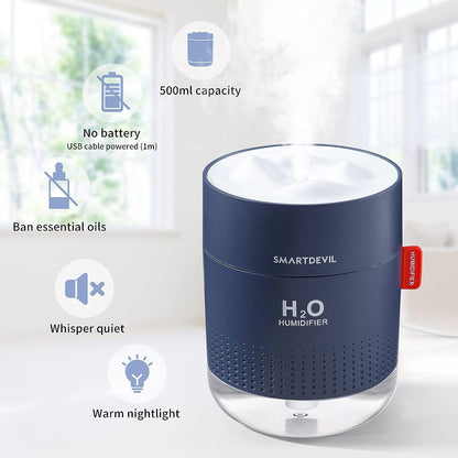 SmartDevil Humidifiers 500ml for Home, Cool Mist Air Humidifier with Night Light, Whisper Quiet USB Humidifiers, Waterless Auto-Off, Humidifiers for Bedroom Baby, Yoga, Office, Plants - 2 Filter