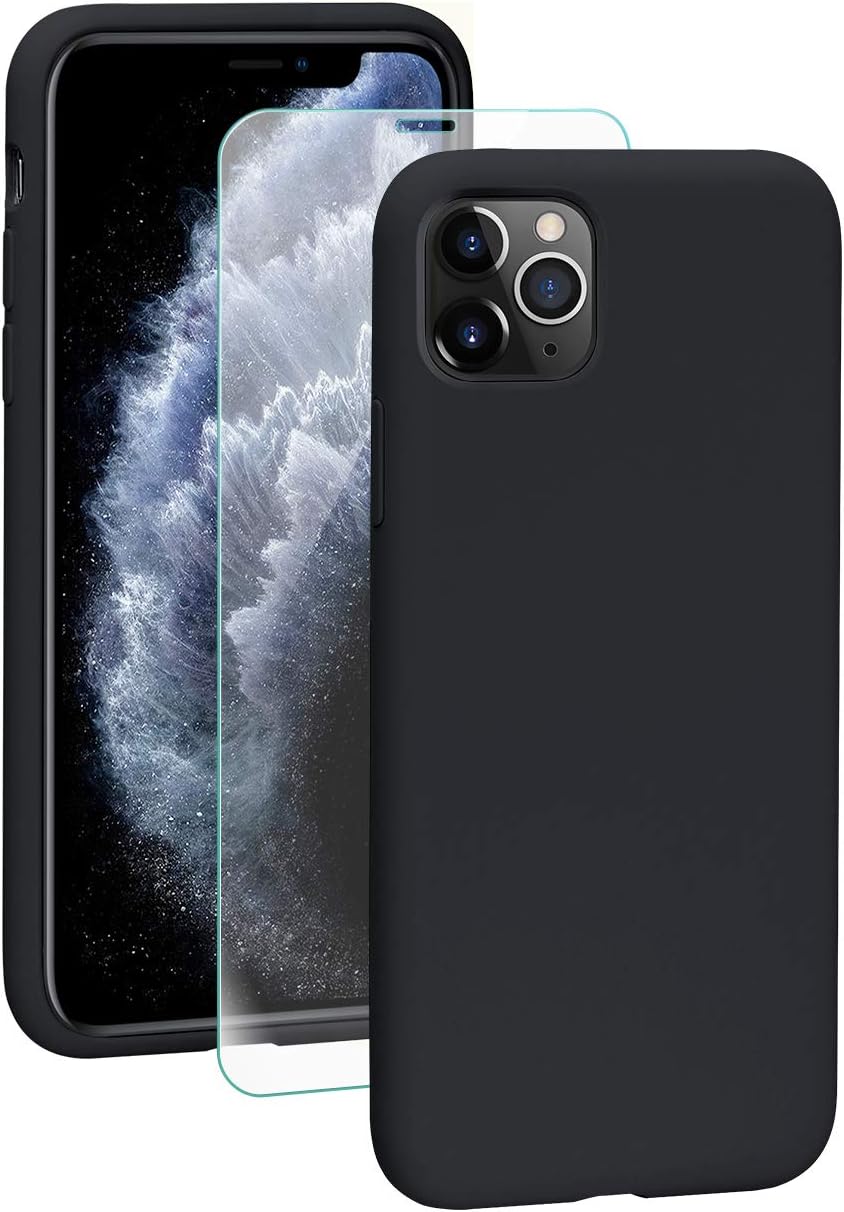 SMARTDEVIL Funda iPhone 11 Pro Max+Protector de Pantalla,[Totalmente Protectora] Funda de Goma de Gel de Silicona Líquida a Prueba de Golpes Cojín de Forro de Tela de Microfibra Suave para iPhone 11 Pro Max- Negro