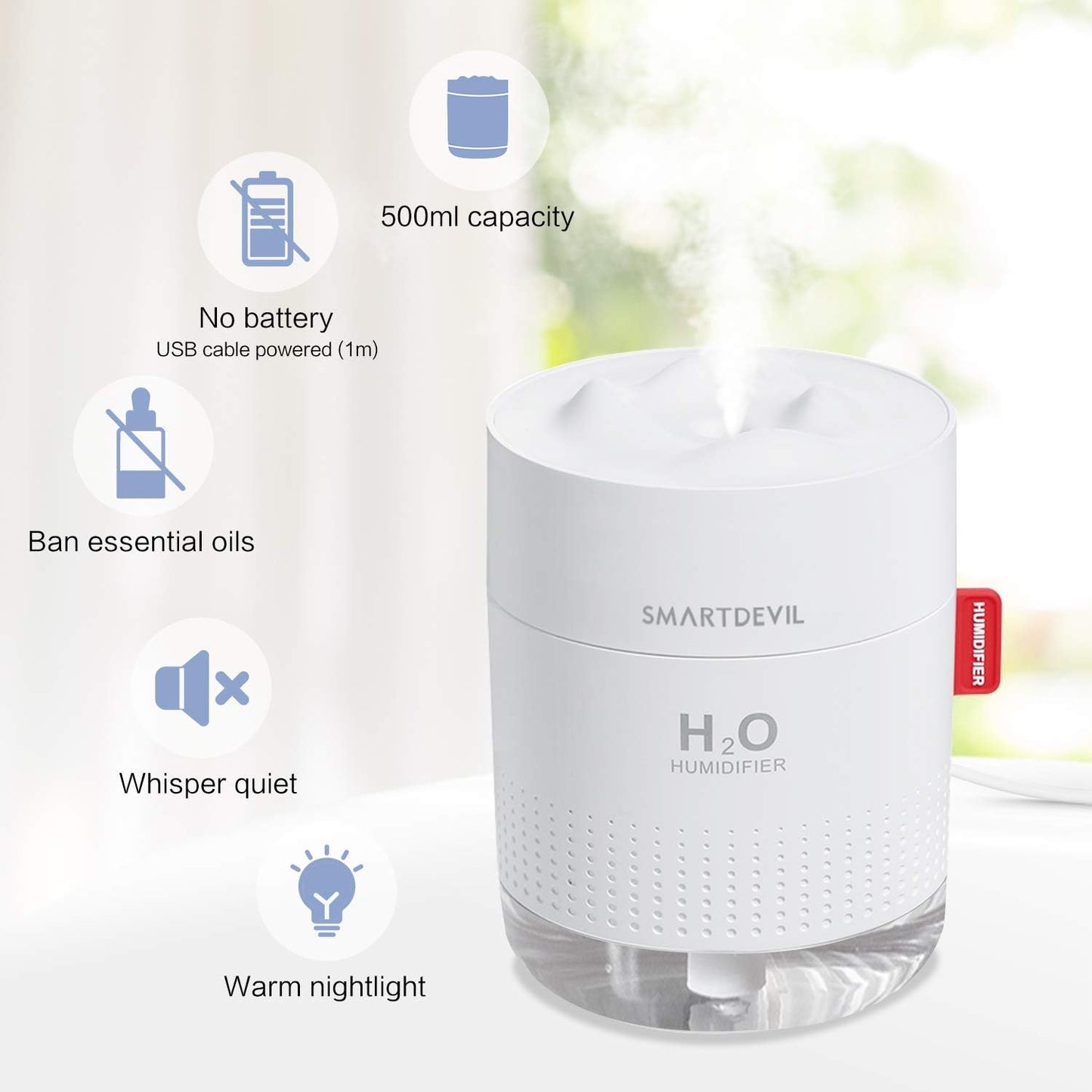 SmartDevil Mini Humidificateur d'air bebe, Pas de batterie, Portable Humidificateur d’Air Maison, USB Humidificateur d’Air Chambre Silencieux pour Bureau, Arrêt Automatique(500ml) - 2 Filtres