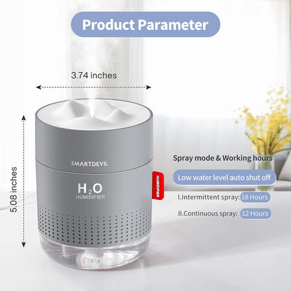 SmartDevil Humidificadores Pequeños, Humidificadores de Escritorio de 500 ml, Funcionamiento Silencioso, Función de Luz Nocturna, Dos Modos de Pulverización, Apagado Automático para Dormitorio, Habitación de Bebés, Oficina, Hogar (Gris)