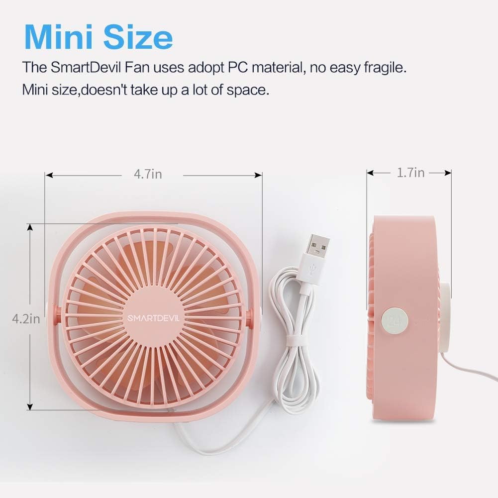 SMARTDEVIL Desk Fan,USB Desk Fan,Noiseless USB Fan,3 Speeds Desk Desktop Table Cooling Fan with USB-Powered,Strong Wind,Quiet Operation,for Home Office (Cherry Pink)