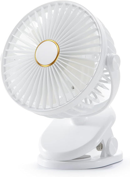 SmartDevil Ventilador con clip, ventilador de escritorio pequeño portátil con rotación de 360°, ventilador de mesa personal recargable con batería de 3 velocidades con clip, mini ventilador con clip para cochecito, camping, oficina, escritorio (blanco)