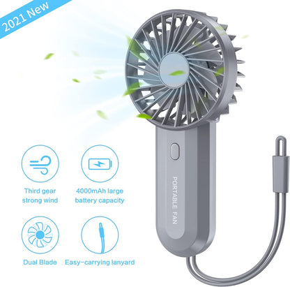 SmartDevil Mini ventilador de mano, ventilador de mano de doble hoja, pequeño ventilador portátil personal con batería recargable de 4000 mAh, viento potente, 3 velocidades ajustables, ventilador de cordón para exteriores y hogar (gris)