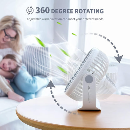 SmartDevil Small Rechargeable Desk Fan, 3 Speeds 2000mAh Portable Personal Battery Operated Desktop Fan with Pasteable Hook, Dual 360° Adjustment Quiet Table Fan, for Home Office Outdoor (White)