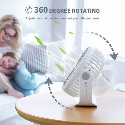 SmartDevil Pequeño ventilador de escritorio recargable, 3 velocidades, 2000 mAh, portátil, funciona con pilas, ventilador de escritorio con gancho pegable, ventilador de mesa silencioso con ajuste dual de 360°, para oficina en casa al aire libre (blanco)