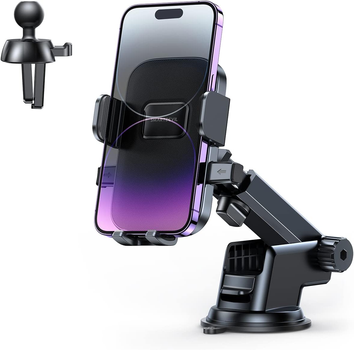 【Ultra Stable Generation】SmartDevil 4-in-1 Phone Holder for Car - Dashboard, Air Vent, Windshield or Desk Mount - Shakeproof Car Phone Mount Compatible with iPhone 14 Pro Max 13 12 11 XR Samsung Google and More, Black