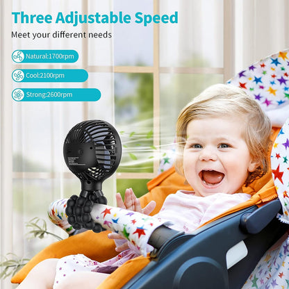 SmartDevil Stroller Fan, Portable Clip on Stroller Fan for Baby, 3 Speed Adjustment, 4000mAh Rechargeable Personal Desk Fan with Flexible Tripod, Mini Handheld Fan for Car Seat, Bicycle(Black)