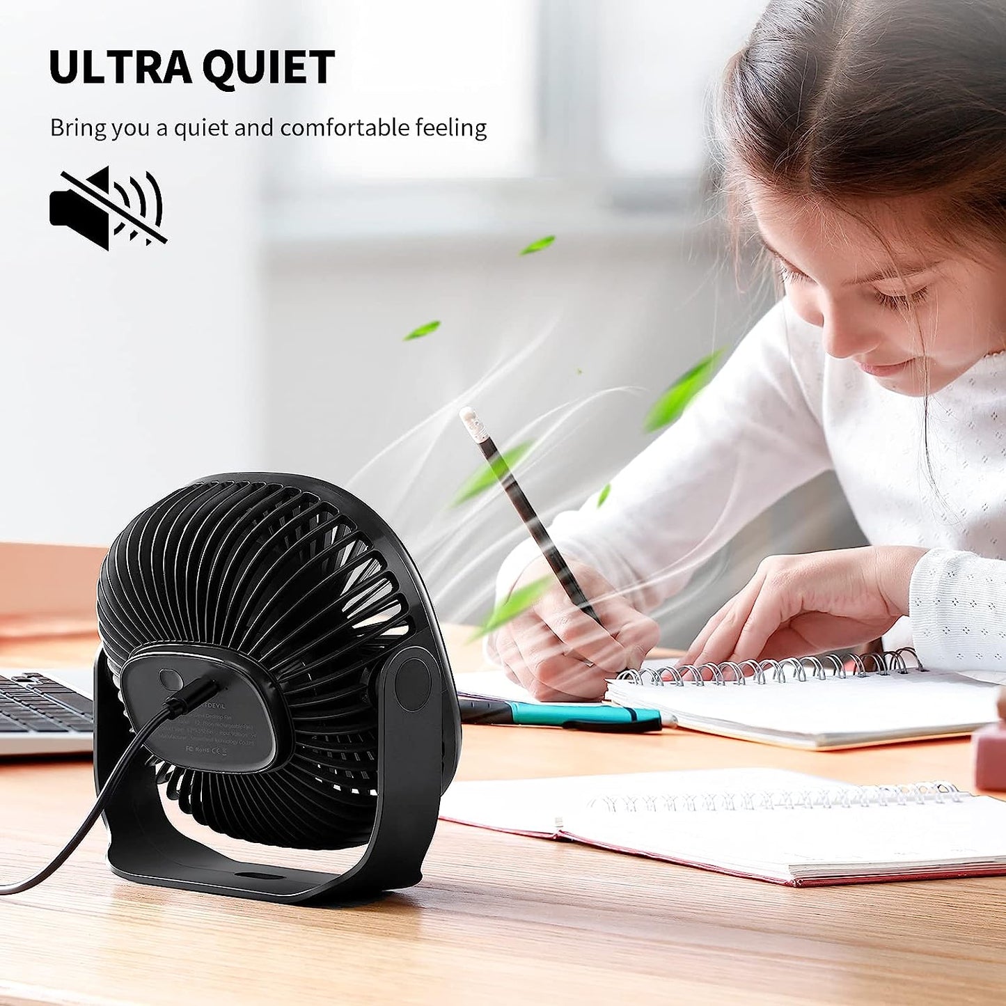 SmartDevil Kleiner USB-Tischventilator, 3 Geschwindigkeiten, tragbarer persönlicher Desktop-Tischventilator mit anklebbarem Haken, Dual 360°-Anpassung, Mini-Lüfter, leiser Betrieb, für Zuhause, Büro, Auto, Outdoor, Reisen (Schwarz)