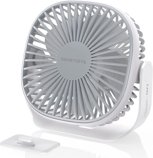 SmartDevil Small Rechargeable Desk Fan, 3 Speeds 2000mAh Portable Personal Battery Operated Desktop Fan with Pasteable Hook, Dual 360° Adjustment Quiet Table Fan, for Home Office Outdoor (White)