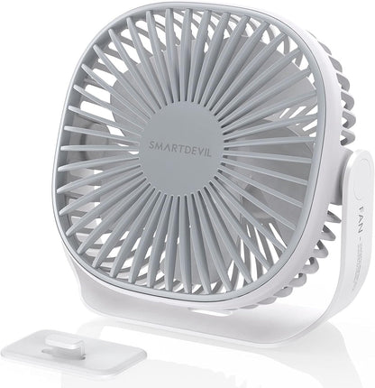 SmartDevil Pequeño ventilador de escritorio recargable, 3 velocidades, 2000 mAh, portátil, funciona con pilas, ventilador de escritorio con gancho pegable, ventilador de mesa silencioso con ajuste dual de 360°, para oficina en casa al aire libre (blanco)