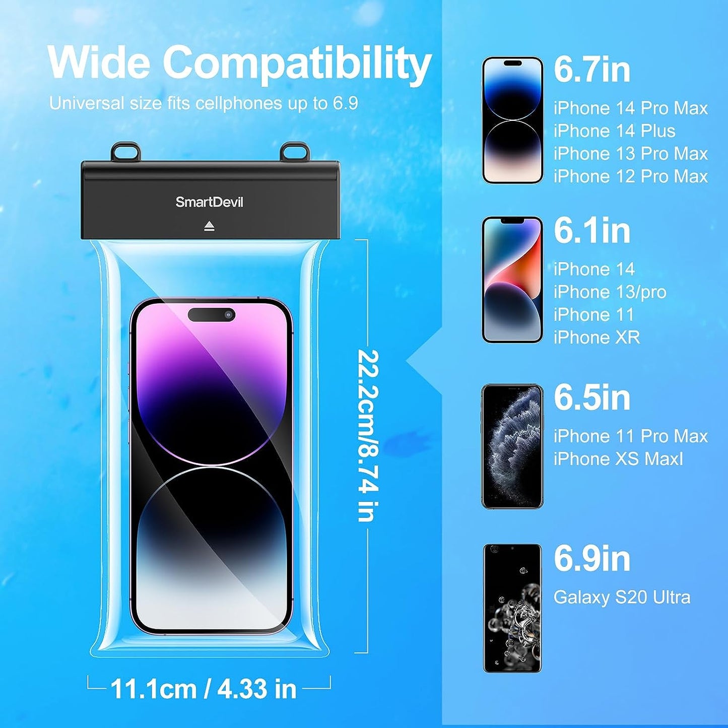 SmartDevil Waterfoor Case, 2Pack IPX8 Waterproof Phone Pouch, Dustproof Dry Bag for iPhone XS/XS Max/XR/X/8/8 Plus/7/7 Plus/6/6s, Samsung Galaxy S9//S8/S7 Google Pixel and All Devices Up to 6.9 Inches