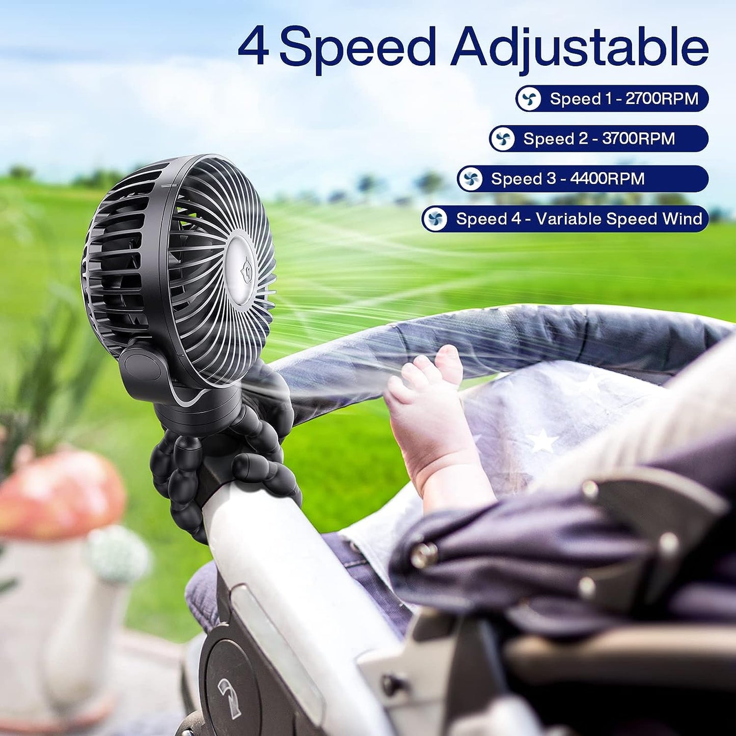 SMARTDEVIL Pram Fan, 4000mAh 4 Speeds Dual 360° Rotatable Reachargable Baby Fan Stroller Fan with Detachable Head, Portable Car Seat Fan with Flexible Tripod, for Peloton Bike, Crib, Treadmill, Travel