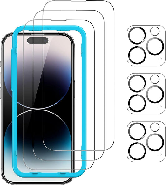 [3+3er-Pack] SmartDevil Displayschutzfolie für iPhone 14 Pro Max 6,7 Zoll, gehärtetes Glas und Kameraobjektivschutz, mit einfach anzubringendem Rahmen, kratzfest, blasenfrei, hüllenfreundlich