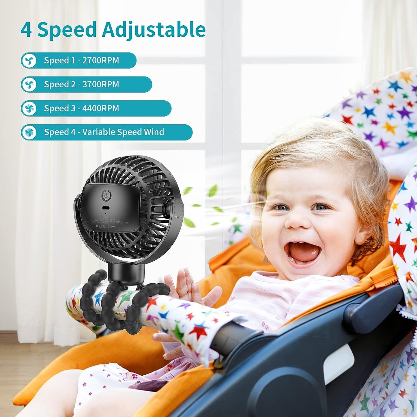 SmartDevil Ventilador portátil para cochecito de bebé, 4000 mAh, pequeño ventilador para cochecito de bebé, ventilador de asiento de coche de 4 velocidades con trípode flexible, doble giro de 360°, para bicicleta de pelotón, cuna, cinta de correr (negro)