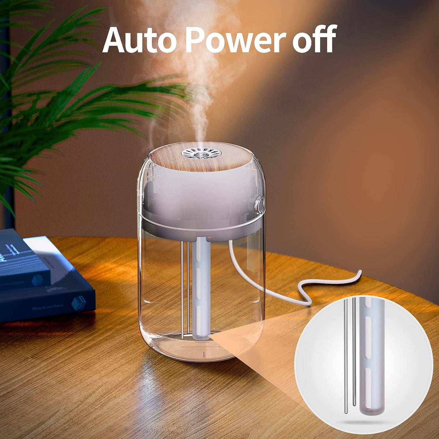 SmartDevil Humidificador de aire pequeño, humidificador de escritorio portátil de 500 ml, humidificador personal USB para dormitorio, oficina, planta, viajes con luz nocturna, apagado automático, 2 modos de niebla, súper silencioso, grano de madera blanco