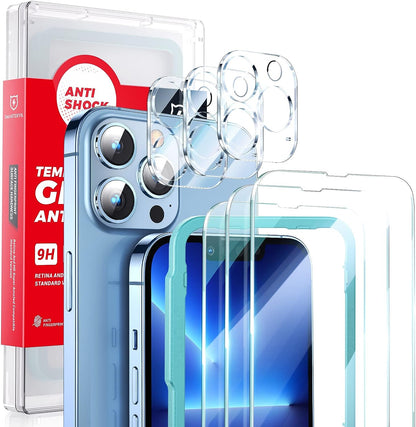 SMARTDEVIL [3 + 3 pellicole protettive in vetro temperato per iPhone 13, con supporto per l'installazione del telaio, 3 pellicole in vetro per protezione della fotocamera, antigraffio, durezza 9H