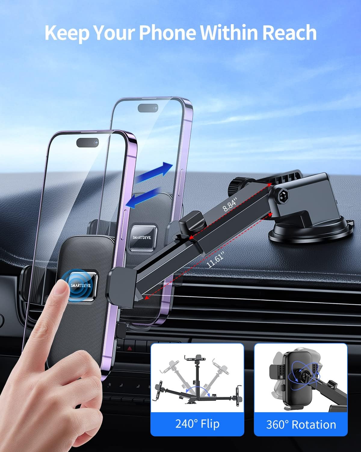 【Ultra Stable Generation】SmartDevil 4-in-1 Phone Holder for Car - Dashboard, Air Vent, Windshield or Desk Mount - Shakeproof Car Phone Mount Compatible with iPhone 14 Pro Max 13 12 11 XR Samsung Google and More, Black