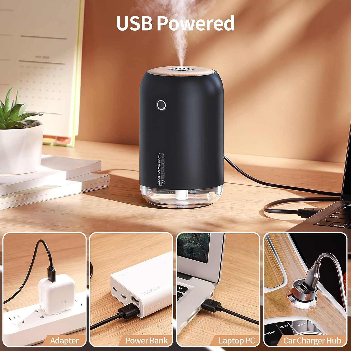 SMARTDEVIL Luftbefeuchter Schlafzimmer 500ml, USB Mini Kleiner Luftbefeuchter, Automatische Abschaltung, Nachtlichtfunktion, Leise Luftbefeuchter für Schlafzimmer, Büro, Reisen, Pflanzen - Schwarz