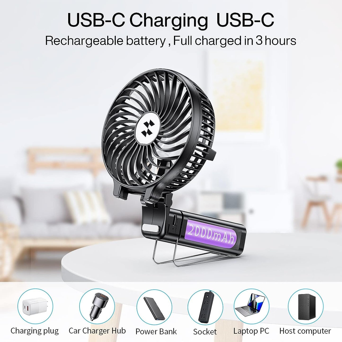 SMARTDEVIL Handheld Fan, Portable Hand Held USB Rechargeable Fans with 3 Speeds, Battery Operated Electric Powered Mini Small Hand Fan Foldable Desk Desktop Fans for Home Office Ceiling Travel