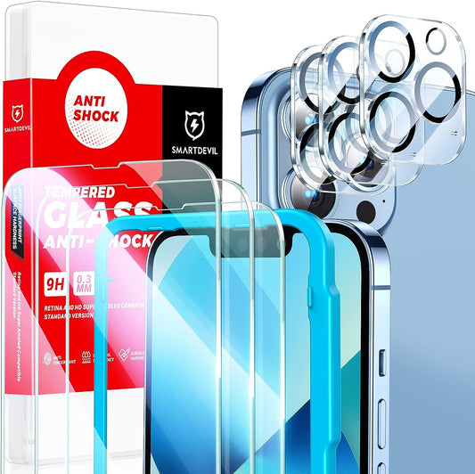 SmartDevil Protector de Pantalla para iPhone 13 Pro de 6,1 Pulgadas, Paquete de 3 Vidrio Templado y Paquete de 3 Protectores de Lente de cámara, con Kit de fácil instalación, [Dureza 9H] [Apto para Estuches] - Paquete de 6