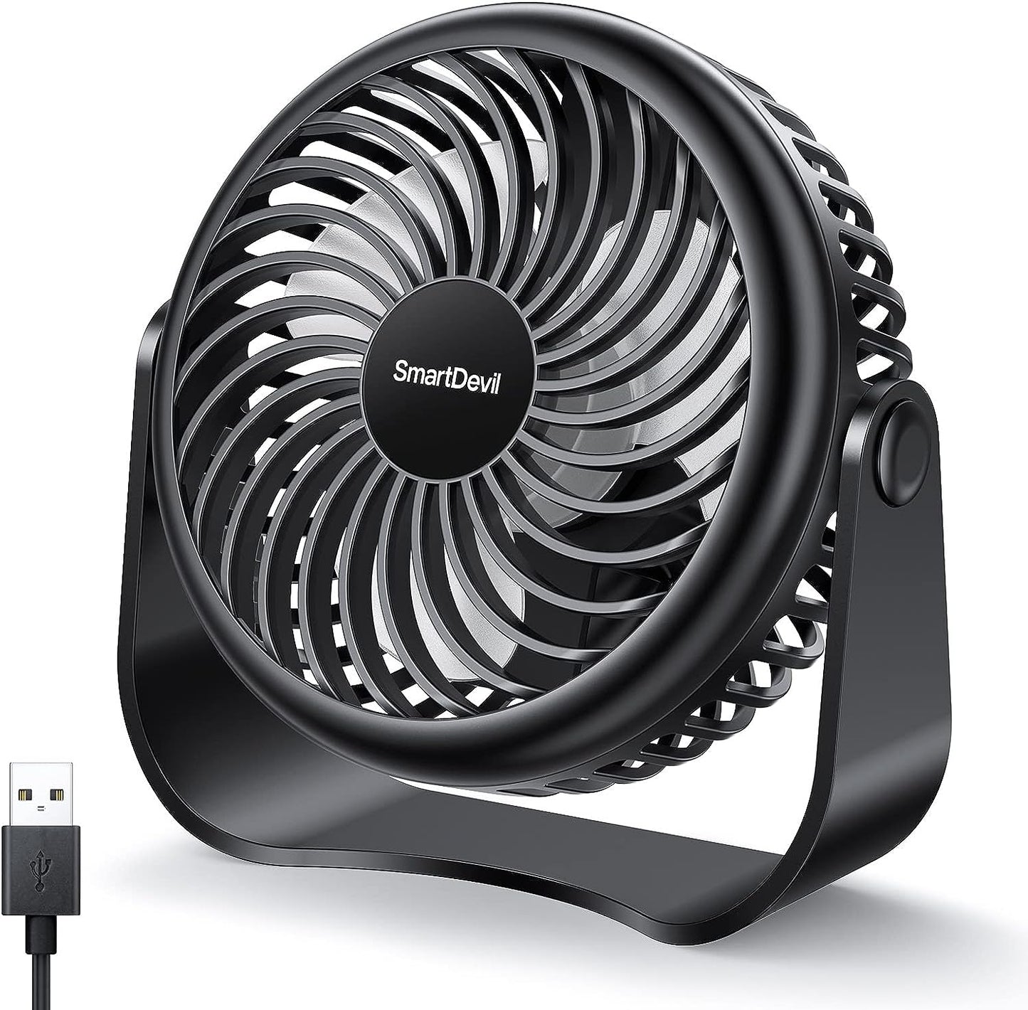 SMARTDEVIL Ventilador de escritorio, mini ventilador de escritorio USB de 3 velocidades, ajuste de 360°, pequeño ventilador de mesa personal para el hogar, oficina, coche, viajes al aire libre (negro)