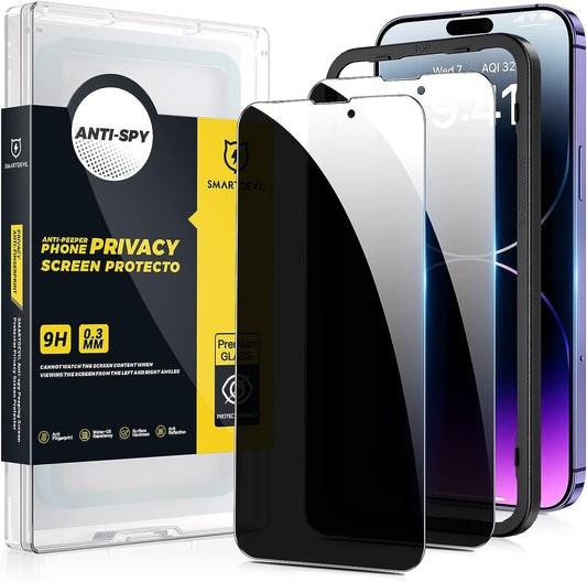 SmartDevil Sichtschutz-Displayschutz für iPhone 14 Pro Max 6,7 Zoll, mit einfach anzubringendem Rahmen, Anti-Spy-Displayschutz aus gehärtetem Glas, kratzfest, blasenfrei, hüllenfreundlich, 2er-Pack