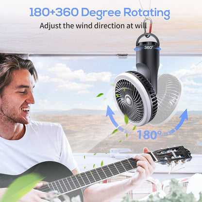SmartDevil Portable Camping Fan with Light, 10000mAh Rechargeable Tent Fan with Hanging Hook, Battery Operated Desk Fan Use As Power Bank, 180+360 Degree Rotation, Travel Fan for Camping, RV, Picnic