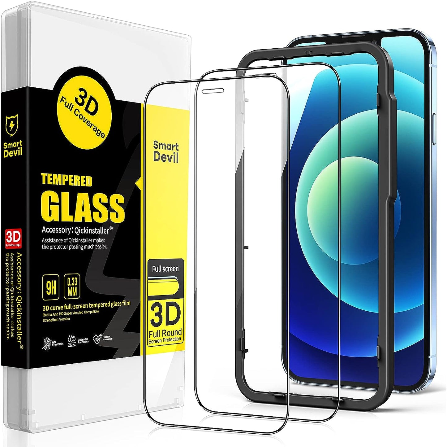 【Vollständige Abdeckung】SmartDevil Displayschutzfolie für iPhone 12 und iPhone 12 Pro. 【Hüllenfreundlich】Hartglasfolie mit Installationsrahmen, High Definition, Härtegrad 9H, stoßfest, kratzfest, 2er-Pack