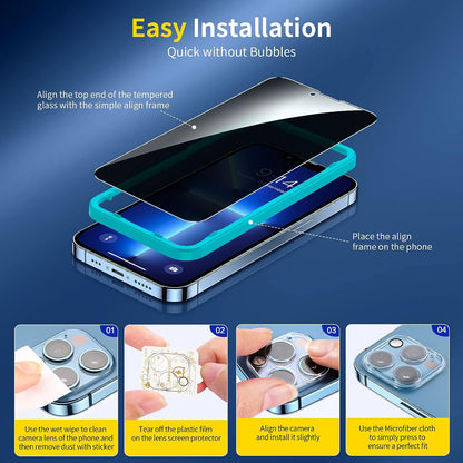 SMARTDEVIL Protector de pantalla de privacidad compatible con iPhone 13 Pro de 6,1 pulgadas, película de vidrio templado blindado antiespía con protector de lente de cámara, película protectora de pantalla de dureza 9H, paquete de 2+2